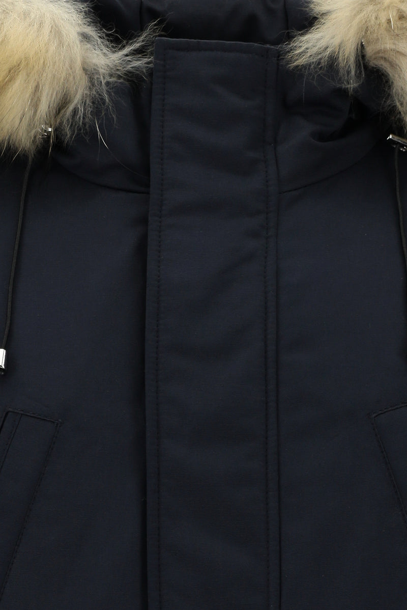 Koyu Lacivert Kapüşonlu Kürklü Şişme Kaban