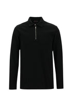 Siyah Polo Yaka Slim Fit Dar Kesim Fermuarlı Nakışlı Pamuk Sweatshirt