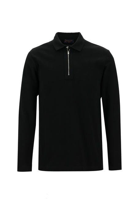 Siyah Polo Yaka Slim Fit Dar Kesim Fermuarlı Nakışlı Pamuk Sweatshirt
