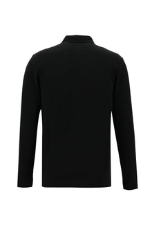 Siyah Polo Yaka Slim Fit Dar Kesim Fermuarlı Nakışlı Pamuk Sweatshirt