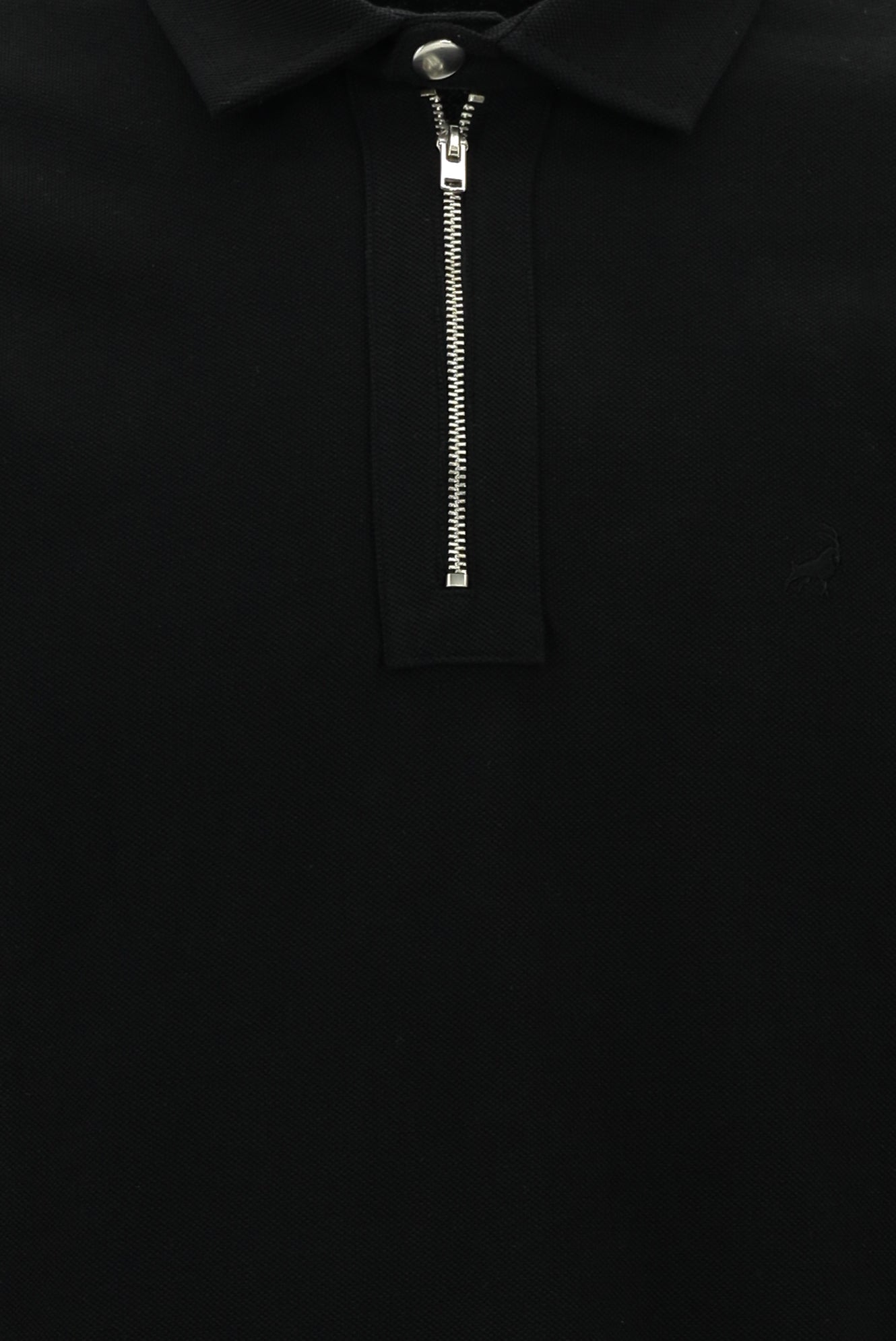 Siyah Polo Yaka Slim Fit Dar Kesim Fermuarlı Nakışlı Pamuk Sweatshirt