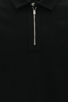 Siyah Polo Yaka Slim Fit Dar Kesim Fermuarlı Nakışlı Pamuk Sweatshirt