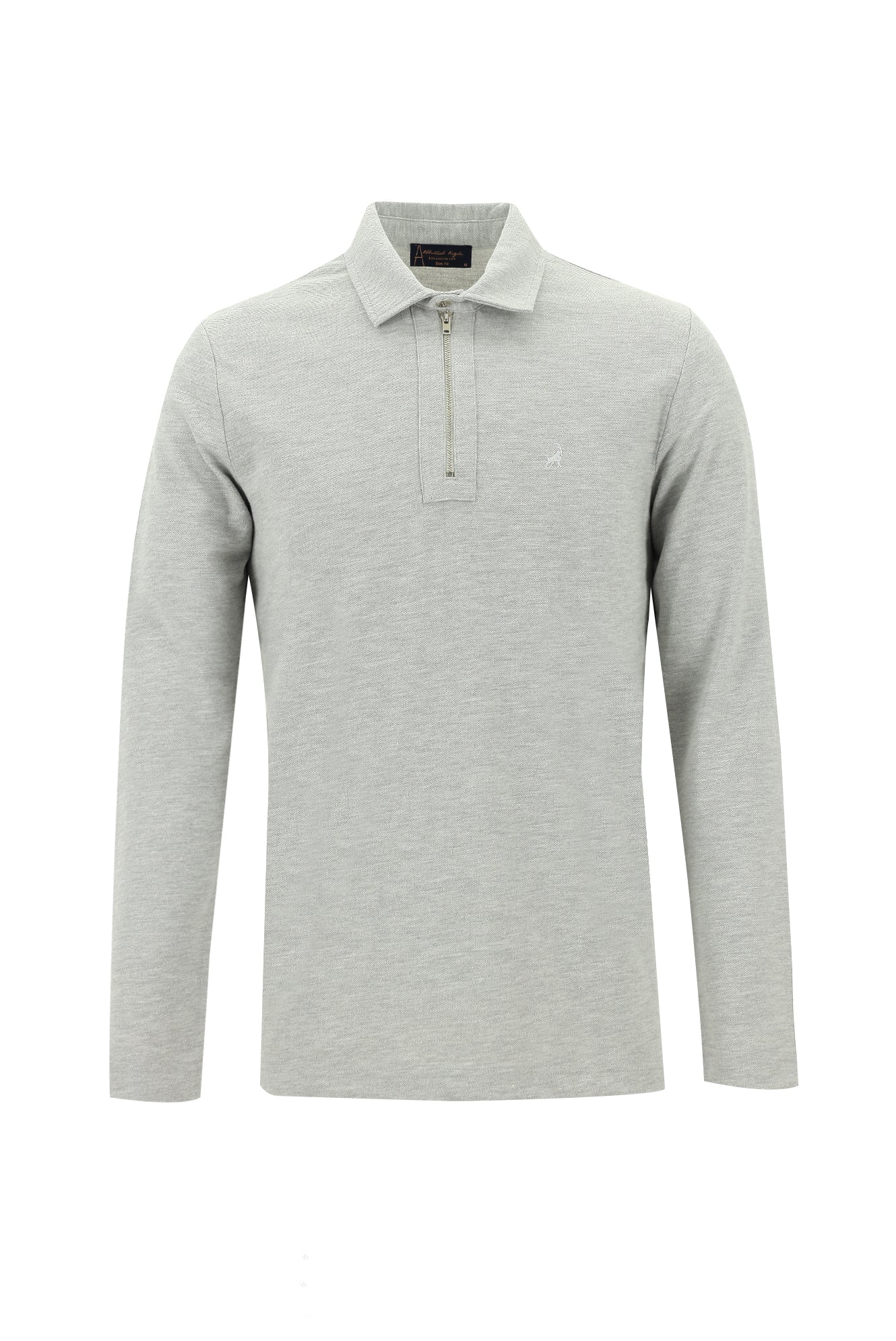 Açık Gri Melanj Polo Yaka Slim Fit Dar Kesim Fermuarlı Nakışlı Pamuk Sweatshirt