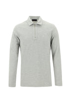 Açık Gri Melanj Polo Yaka Slim Fit Dar Kesim Fermuarlı Nakışlı Pamuk Sweatshirt