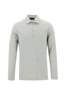 Açık Gri Melanj Polo Yaka Slim Fit Dar Kesim Fermuarlı Nakışlı Pamuk Sweatshirt