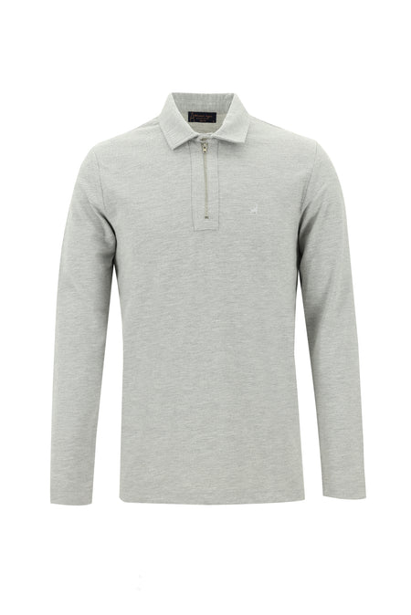 Açık Gri Melanj Polo Yaka Slim Fit Dar Kesim Fermuarlı Nakışlı Pamuk Sweatshirt