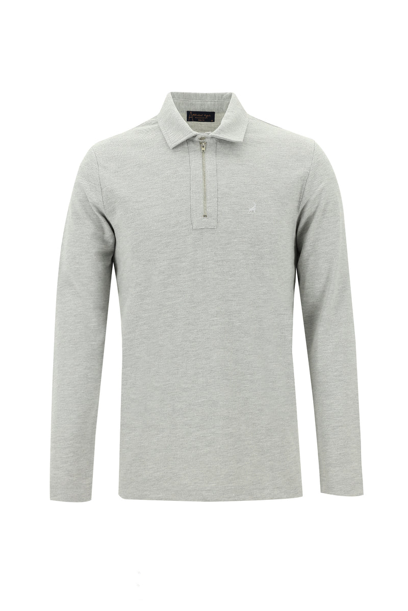 Açık Gri Melanj Polo Yaka Slim Fit Dar Kesim Fermuarlı Nakışlı Pamuk Sweatshirt