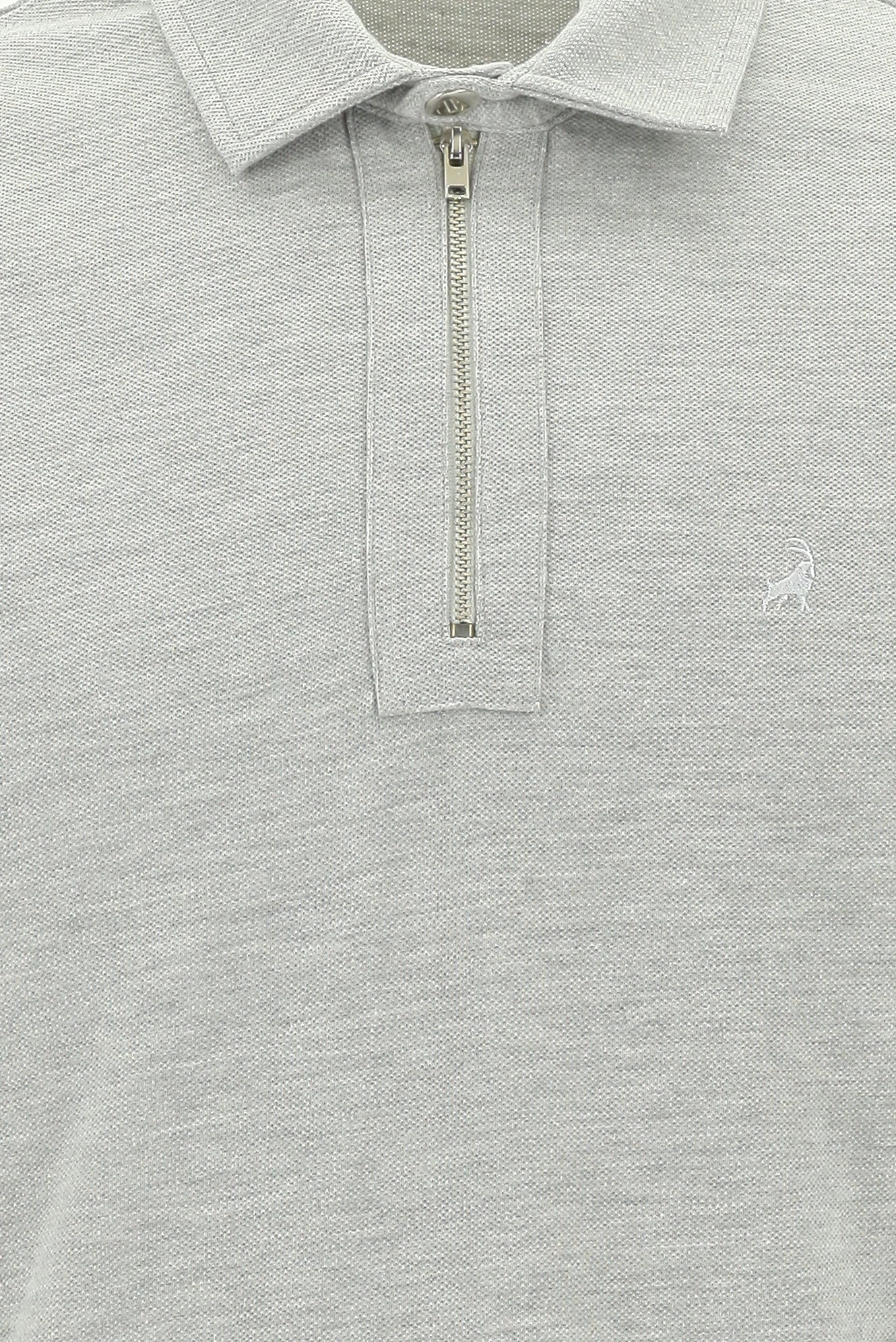 Açık Gri Melanj Polo Yaka Slim Fit Dar Kesim Fermuarlı Nakışlı Pamuk Sweatshirt