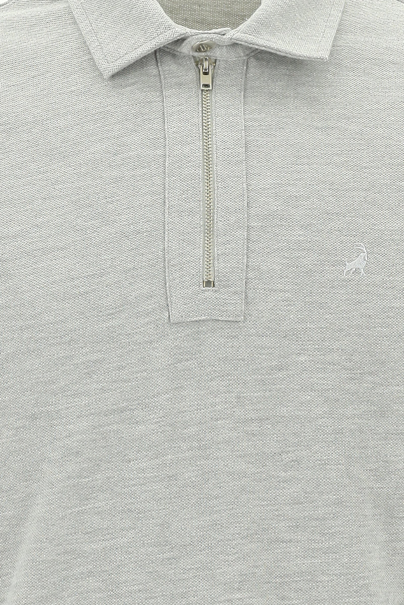 Açık Gri Melanj Polo Yaka Slim Fit Dar Kesim Fermuarlı Nakışlı Pamuk Sweatshirt