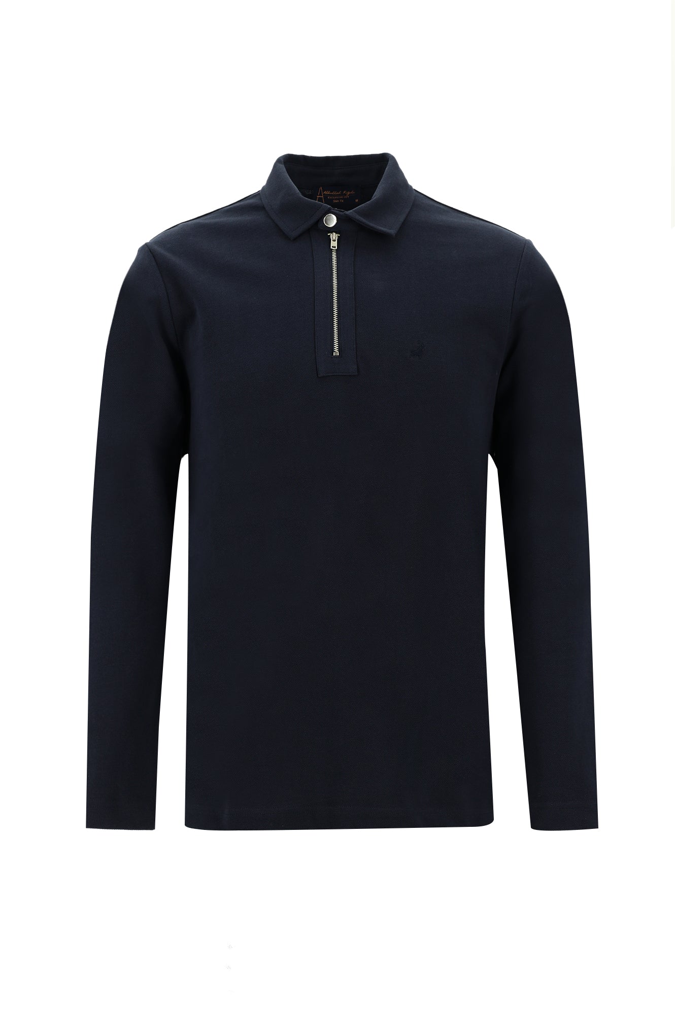 Orta Lacivert Polo Yaka Slim Fit Dar Kesim Fermuarlı Nakışlı Pamuk Sweatshirt
