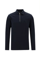 Orta Lacivert Polo Yaka Slim Fit Dar Kesim Fermuarlı Nakışlı Pamuk Sweatshirt