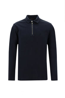 Orta Lacivert Polo Yaka Slim Fit Dar Kesim Fermuarlı Nakışlı Pamuk Sweatshirt