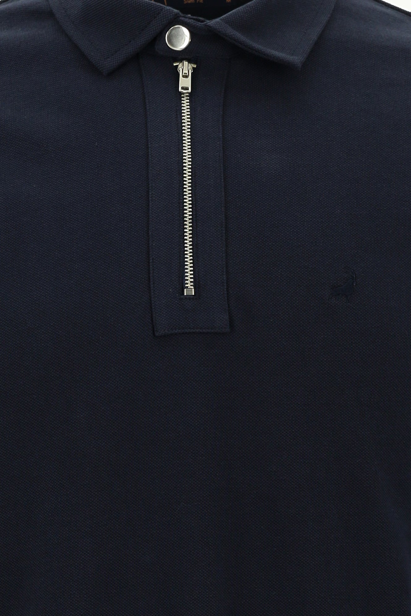 Orta Lacivert Polo Yaka Slim Fit Dar Kesim Fermuarlı Nakışlı Pamuk Sweatshirt