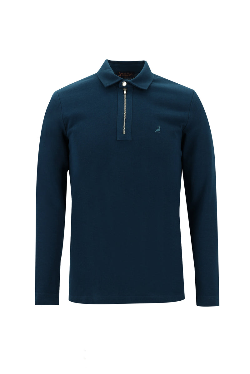 Koyu Yeşil Polo Yaka Slim Fit Dar Kesim Fermuarlı Nakışlı Pamuk Sweatshirt