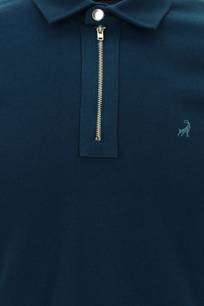 Koyu Yeşil Polo Yaka Slim Fit Dar Kesim Fermuarlı Nakışlı Pamuk Sweatshirt