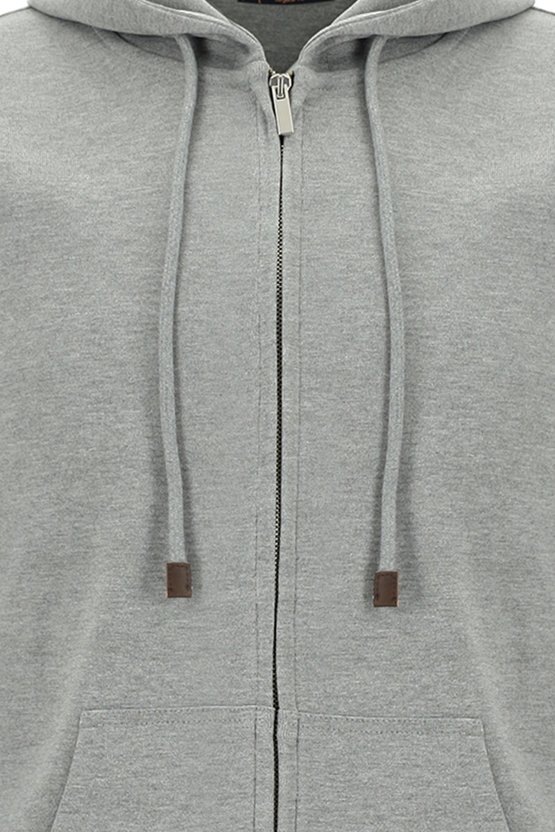 Açık Gri Melanj Kapüşonlu Regular Fit Fermuarlı Sweatshirt