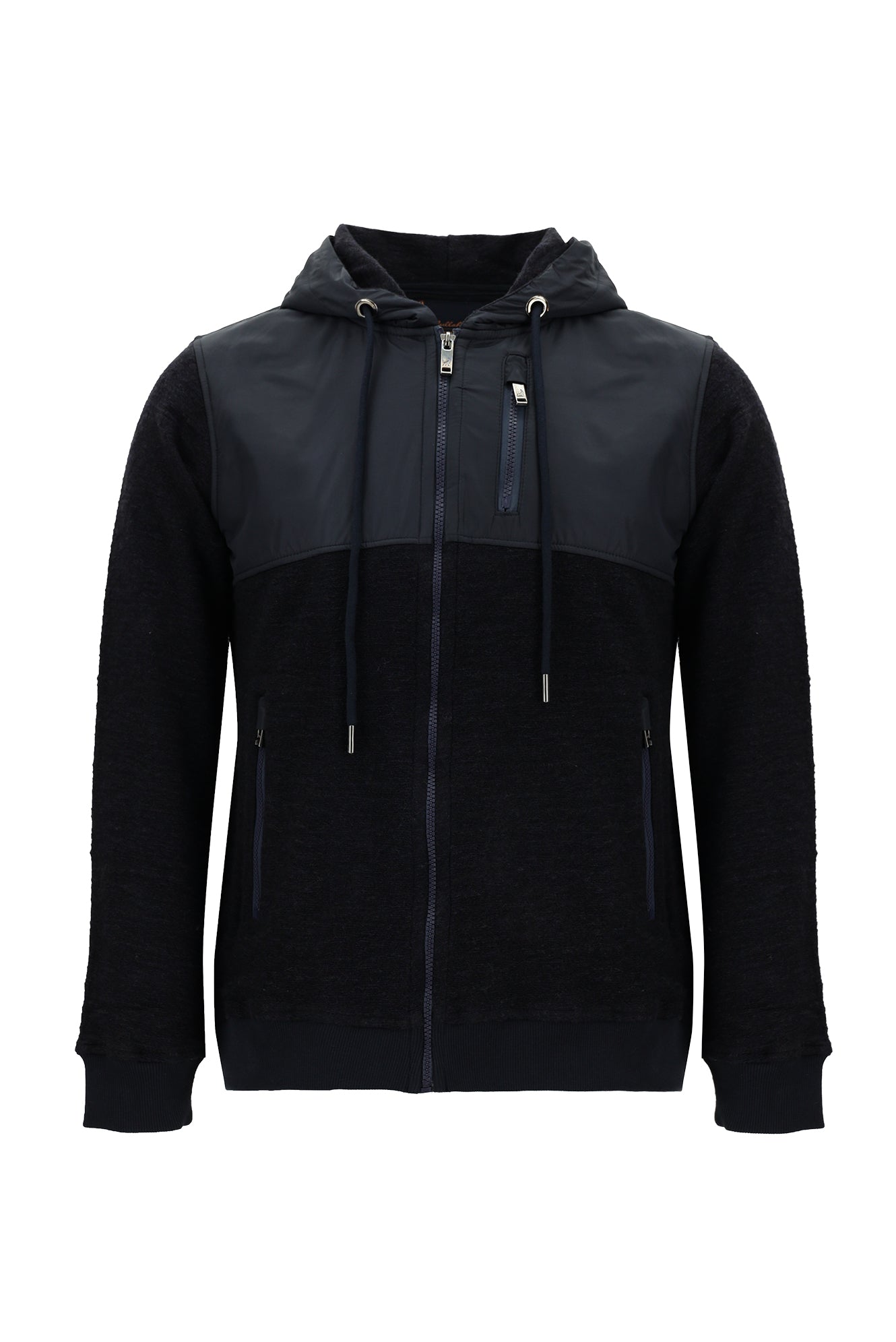 Koyu Lacivert Kapüşonlu Regular Fit Fermuarlı Yünlü Sweatshirt