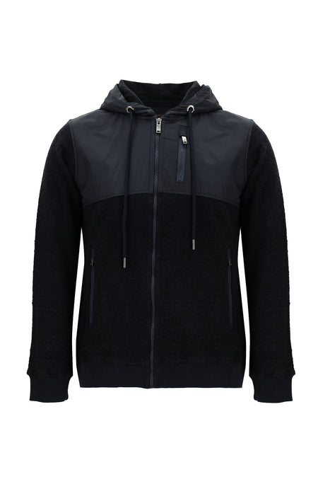 Koyu Lacivert Kapüşonlu Regular Fit Fermuarlı Yünlü Sweatshirt