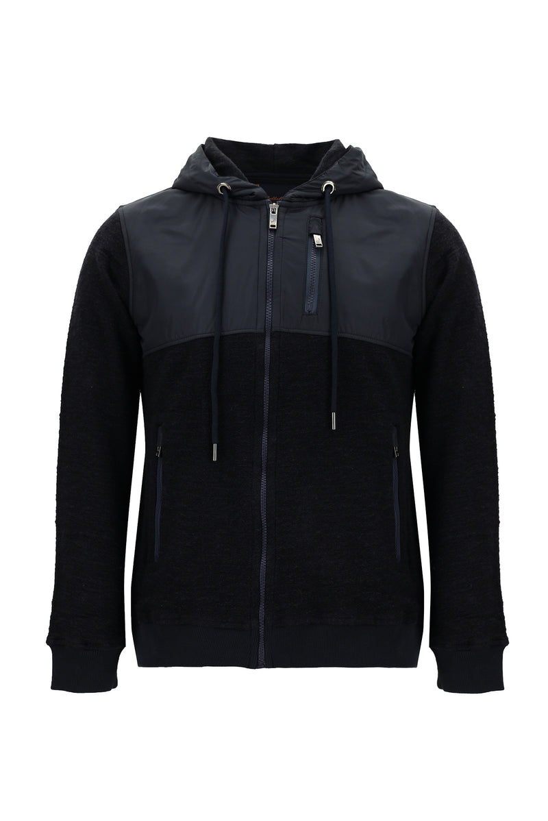 Koyu Lacivert Kapüşonlu Regular Fit Fermuarlı Yünlü Sweatshirt