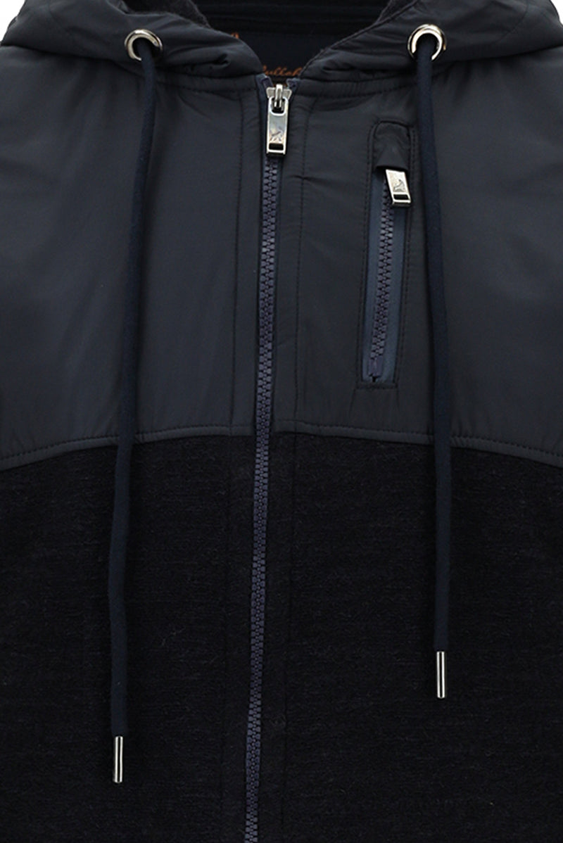 Koyu Lacivert Kapüşonlu Regular Fit Fermuarlı Yünlü Sweatshirt