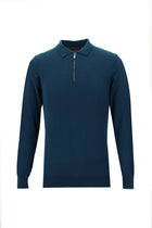 Orta Petrol Polo Yaka Slim Fit Dar Kesim Fermuarl? Triko Kazak-Abdullah Ki??l?