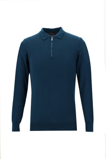 Orta Petrol Polo Yaka Slim Fit Dar Kesim Fermuarl? Triko Kazak-Abdullah Ki??l?