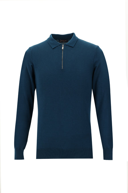 Orta Petrol Polo Yaka Slim Fit Dar Kesim Fermuarl? Triko Kazak-Abdullah Ki??l?