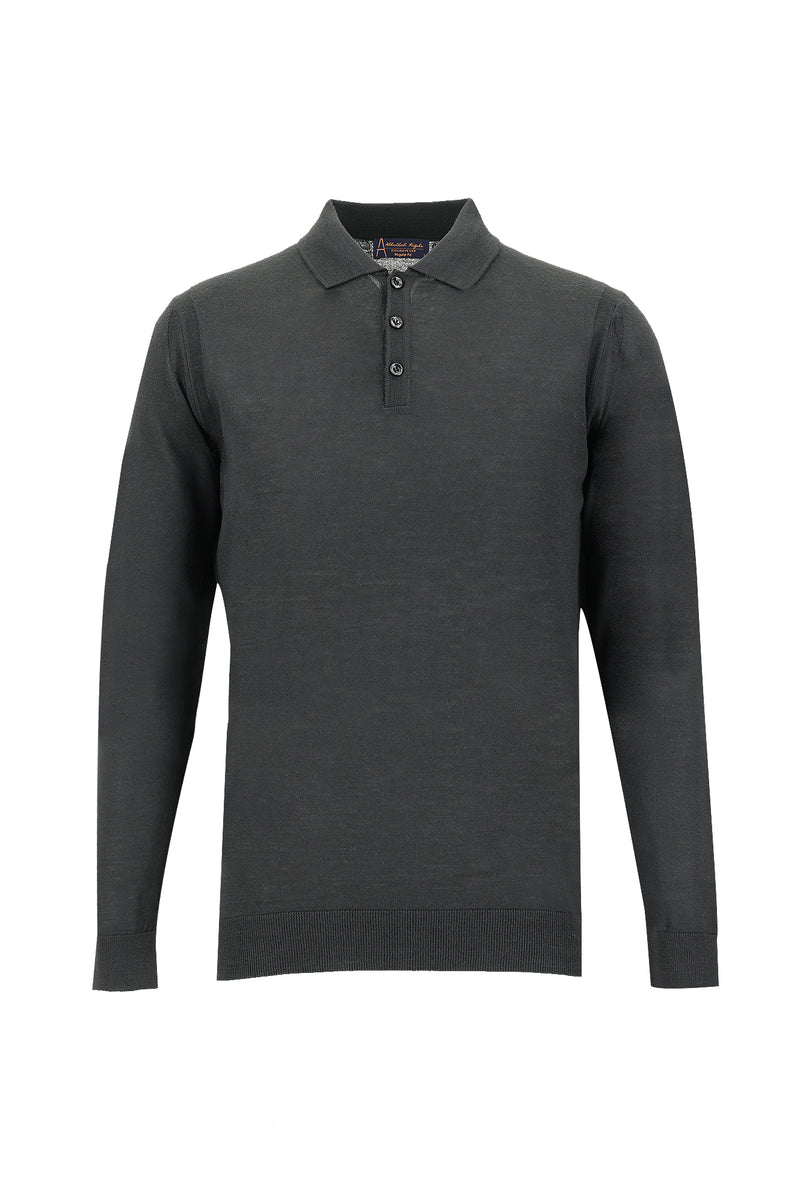 Siyah Polo Yaka Regular Fit Yünlü Triko Kazak