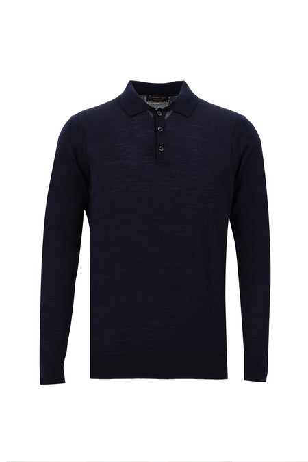 Koyu Lacivert Polo Yaka Regular Fit Yünlü Triko Kazak