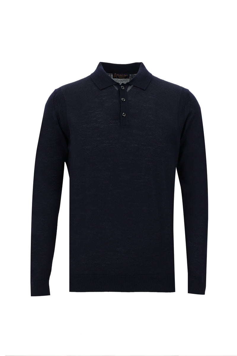 Koyu Lacivert Polo Yaka Regular Fit Yünlü Triko Kazak