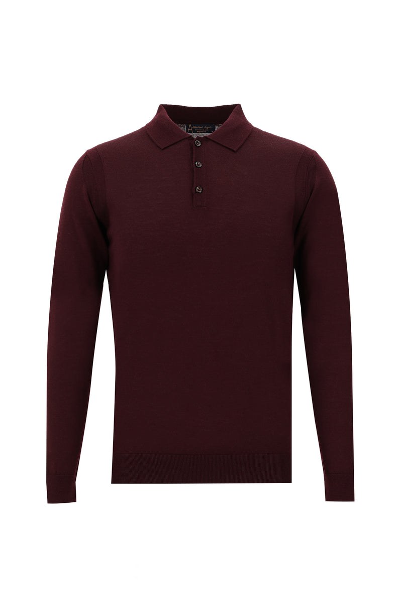 Koyu Bordo Polo Yaka Regular Fit Yünlü Triko Kazak