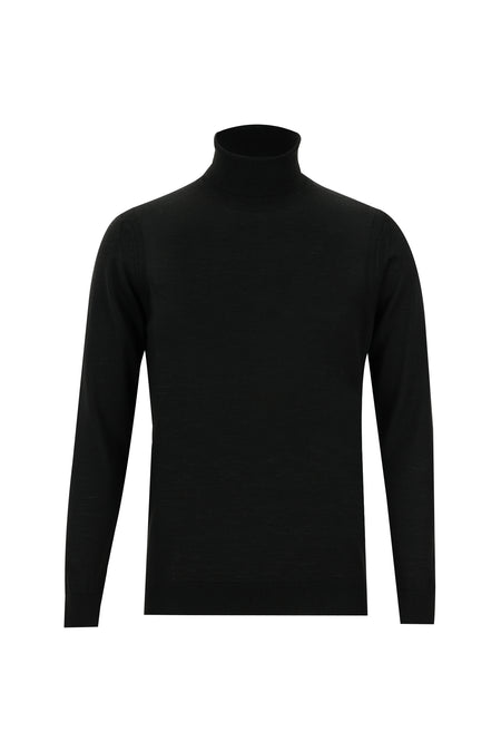 Siyah Balıkçı Yaka Regular Fit Yünlü Triko Kazak