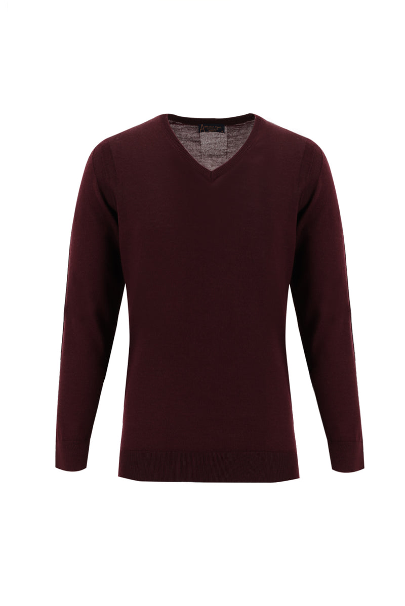 Koyu Bordo V Yaka Regular Fit Yünlü Triko Kazak