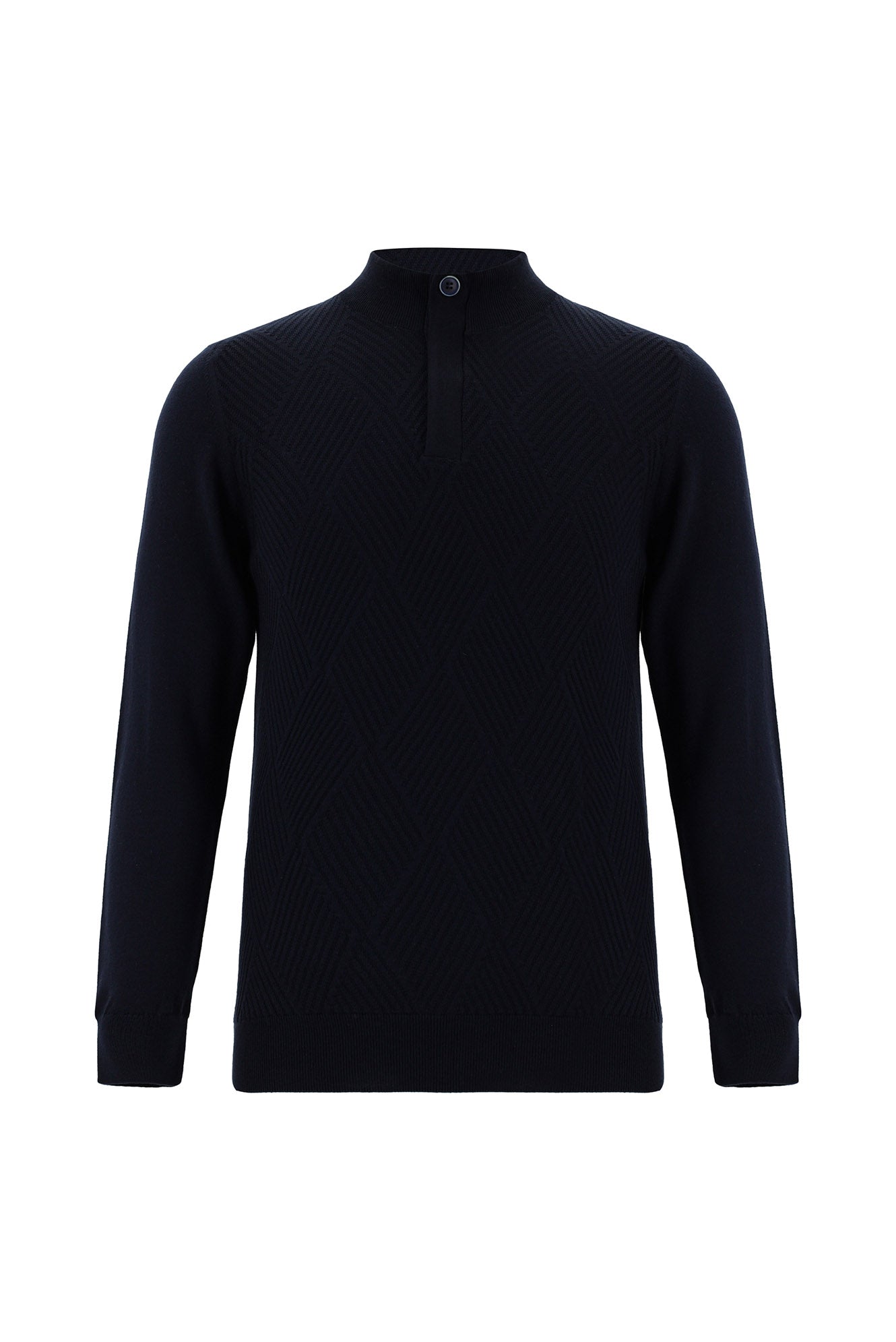 Koyu Lacivert Yarım Balıkçı Yaka Slim Fit Dar Kesim Fermuarlı Desenli Pamuklu Triko Kazak