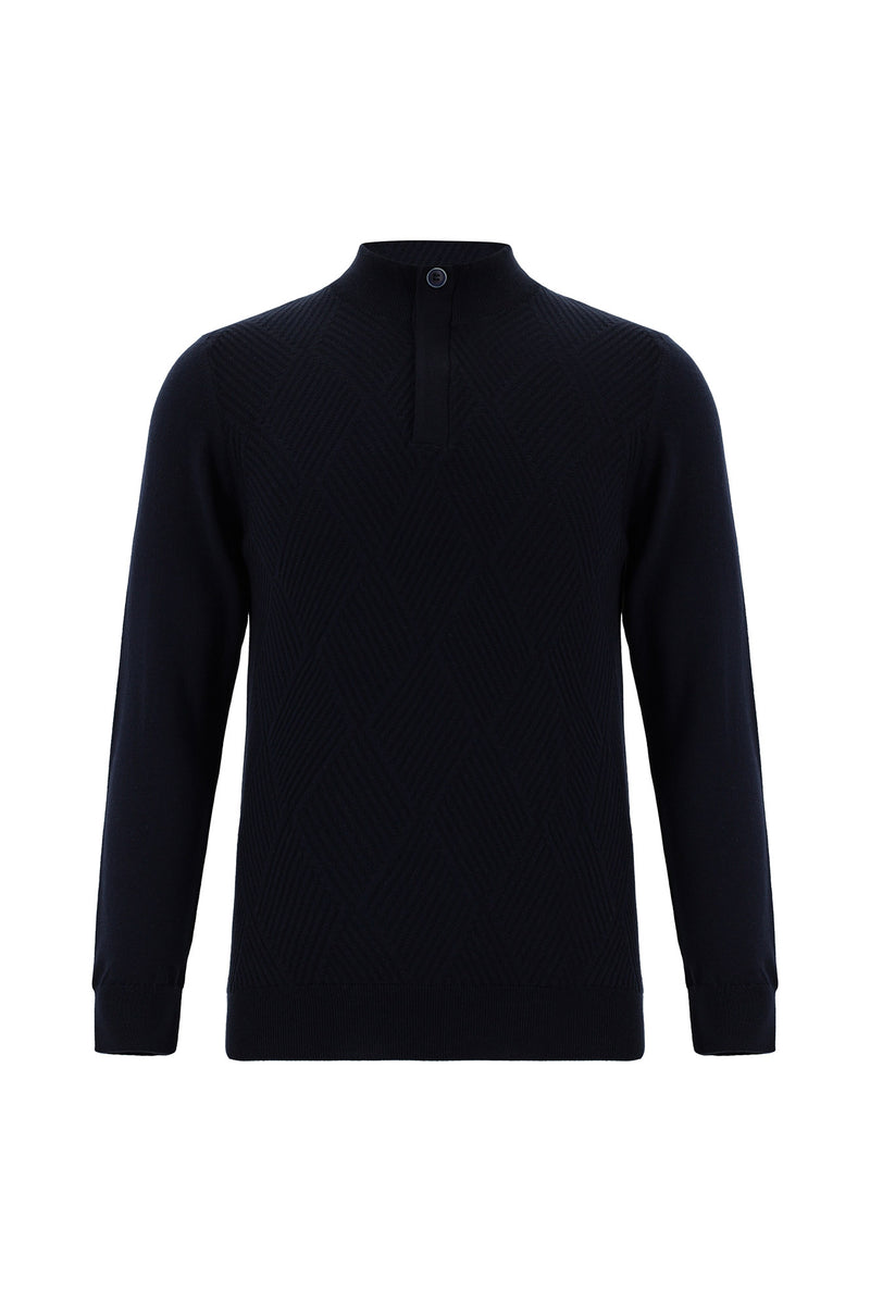 Koyu Lacivert Yarım Balıkçı Yaka Slim Fit Dar Kesim Fermuarlı Desenli Pamuklu Triko Kazak