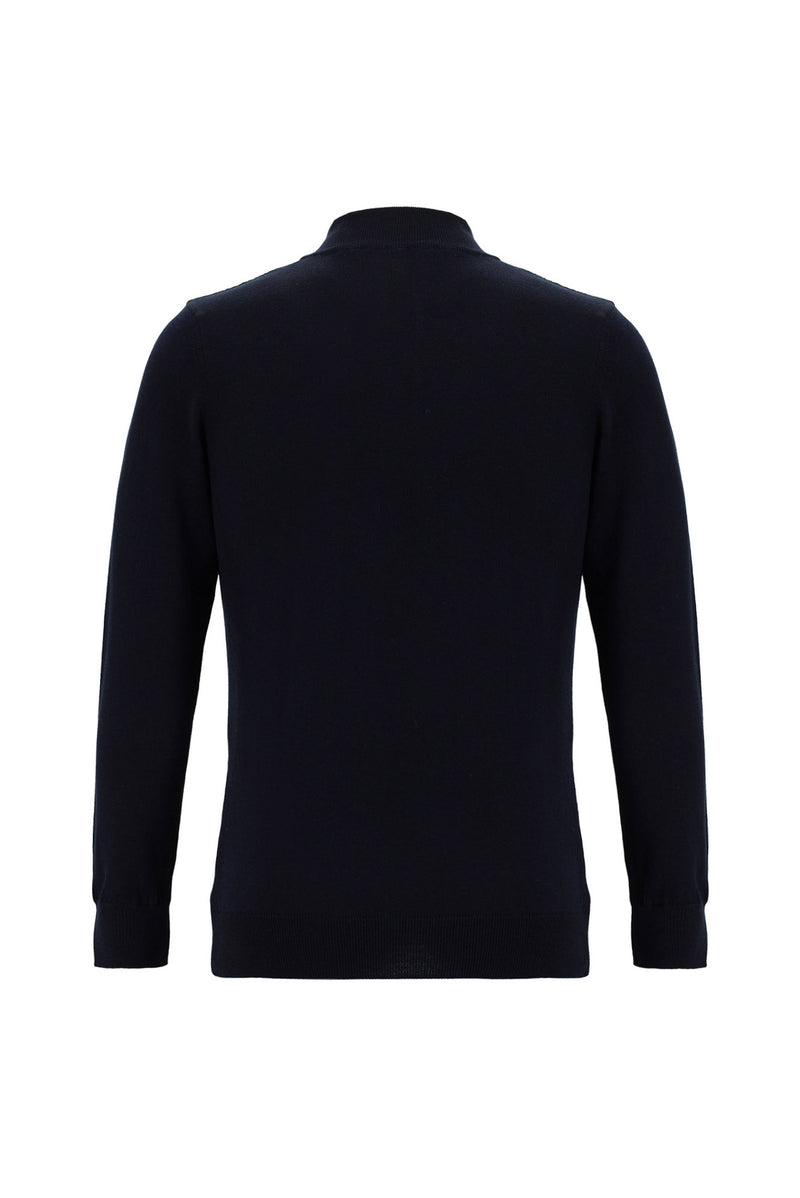 Koyu Lacivert Yarım Balıkçı Yaka Slim Fit Dar Kesim Fermuarlı Desenli Pamuklu Triko Kazak