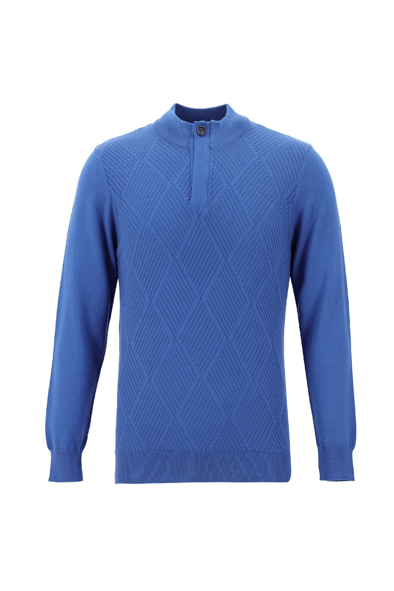 Koyu Mavi  Yarım Balıkçı Yaka Slim Fit Dar Kesim Fermuarlı Desenli Pamuklu Triko Kazak