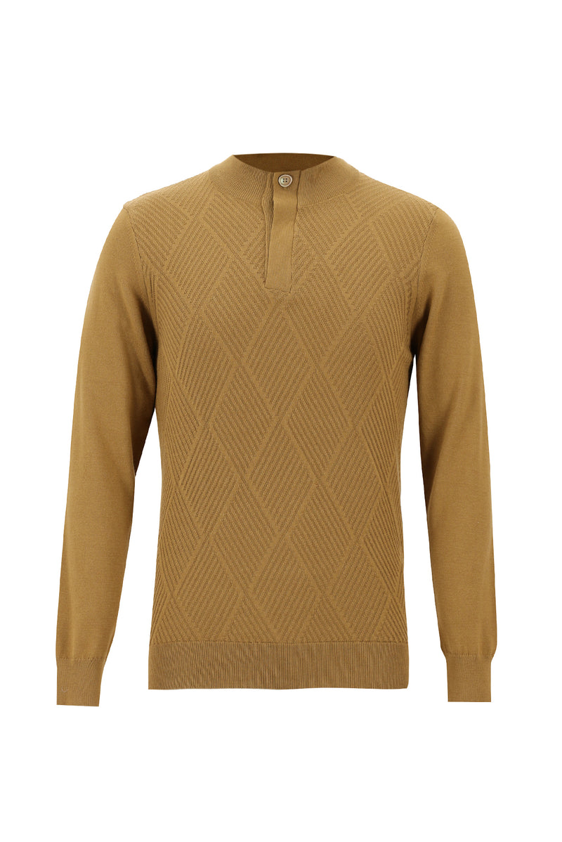Camel Yarım Balıkçı Yaka Slim Fit Dar Kesim Fermuarlı Desenli Pamuklu Triko Kazak