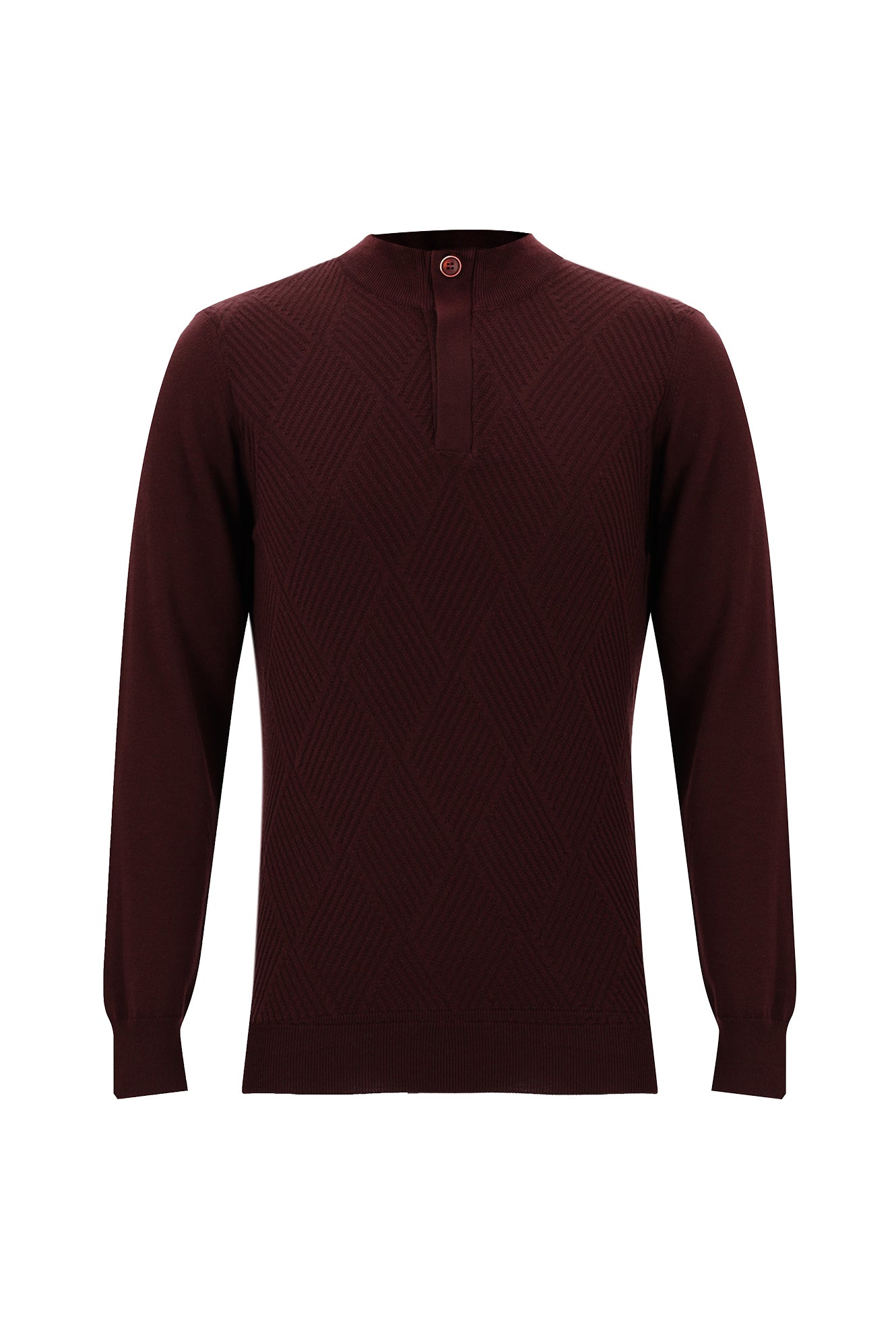 Koyu Bordo Yarım Balıkçı Yaka Slim Fit Dar Kesim Fermuarlı Desenli Pamuklu Triko Kazak