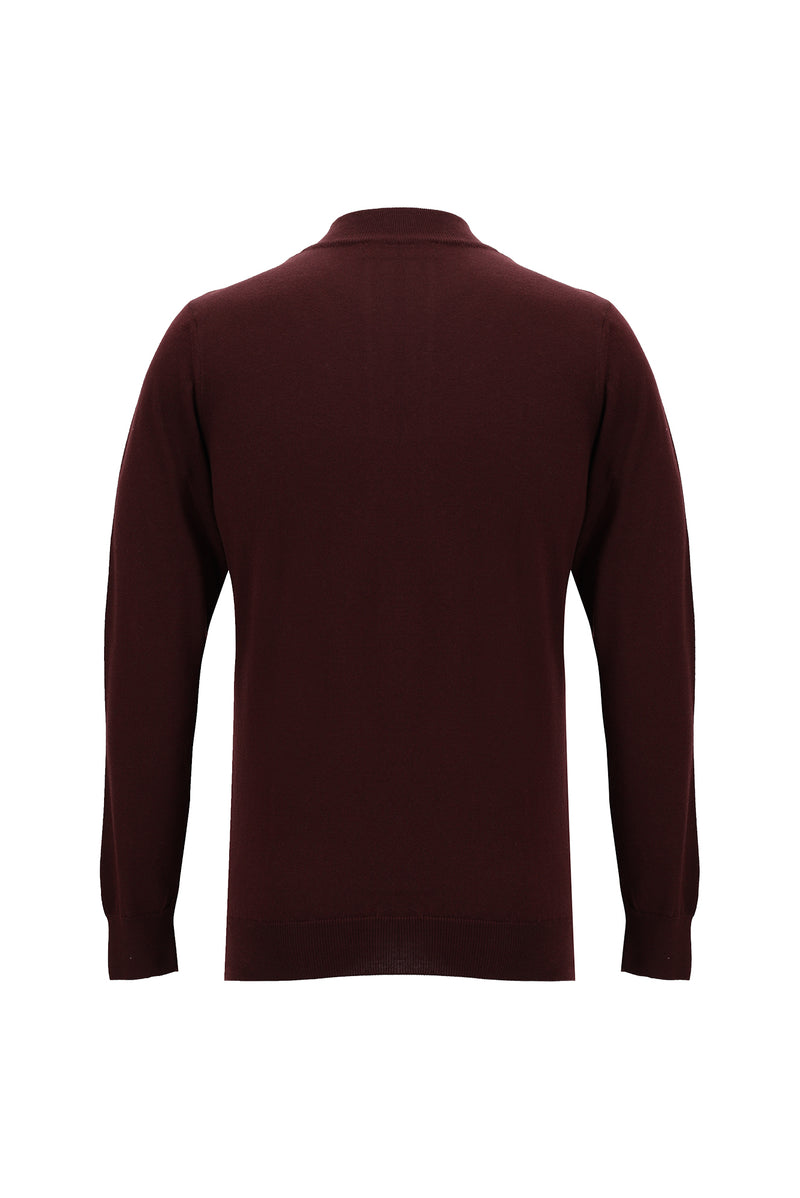 Koyu Bordo Yarım Balıkçı Yaka Slim Fit Dar Kesim Fermuarlı Desenli Pamuklu Triko Kazak