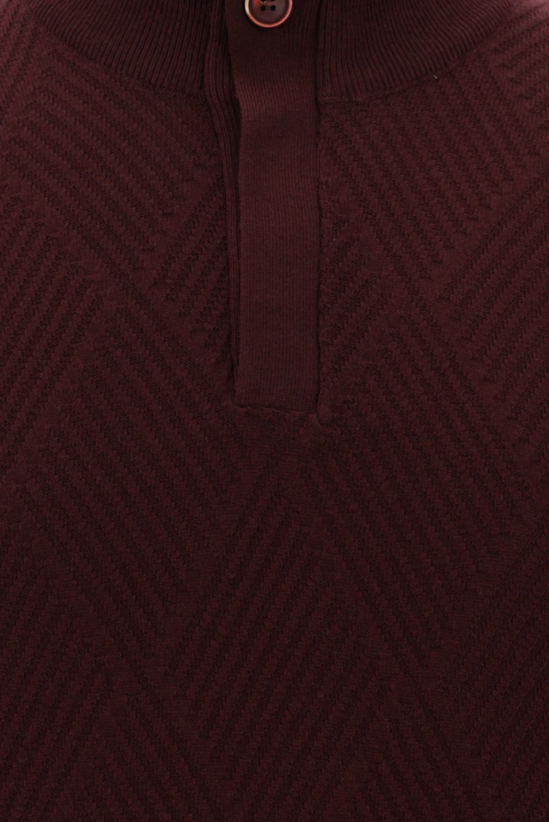 Koyu Bordo Yarım Balıkçı Yaka Slim Fit Dar Kesim Fermuarlı Desenli Pamuklu Triko Kazak
