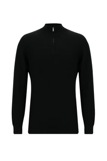Siyah Yarım Balıkçı Yaka Regular Fit Fermuarlı Pamuklu Triko Kazak