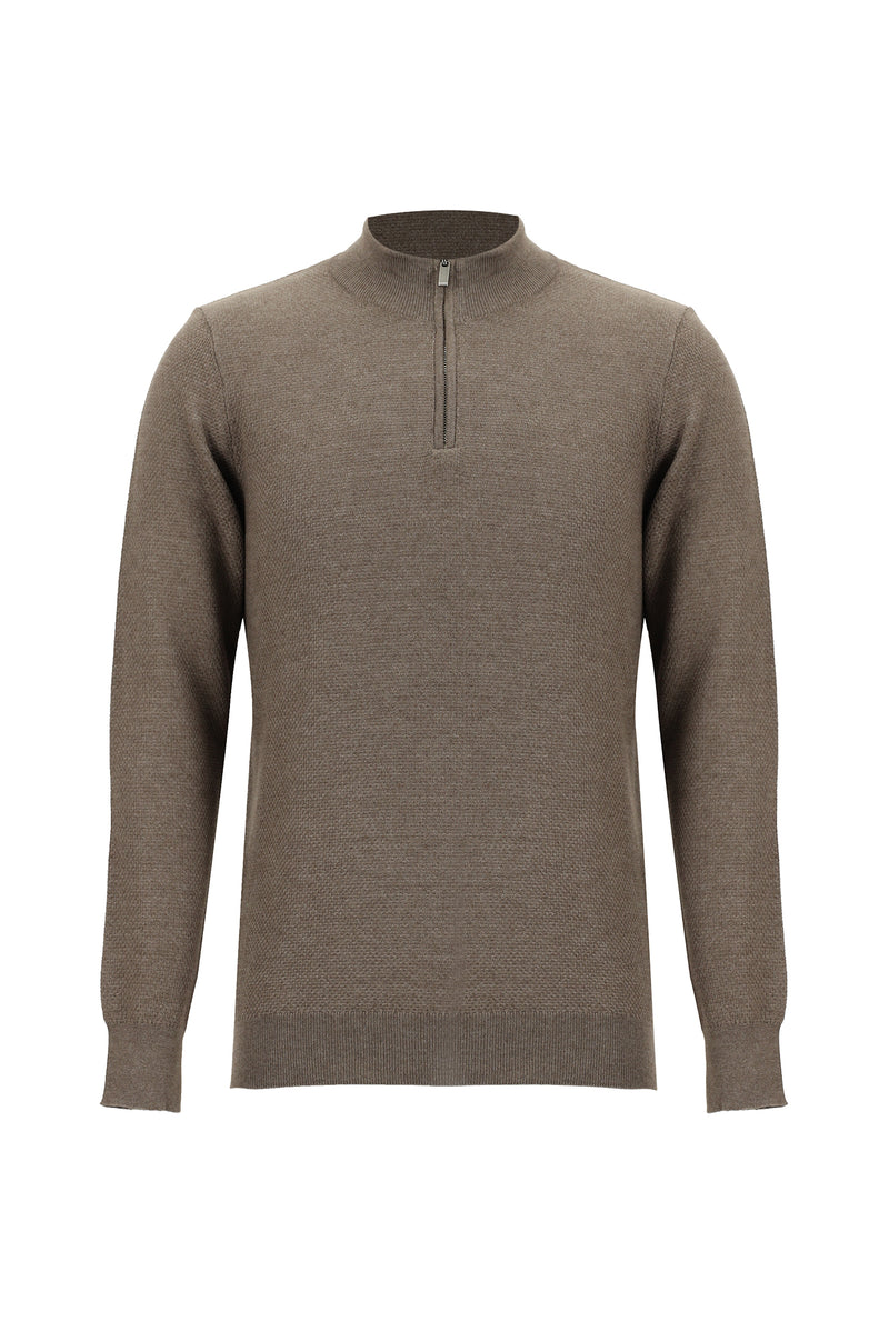 Açık Kahve Melanj Yarım Balıkçı Yaka Regular Fit Fermuarlı Pamuklu Triko Kazak