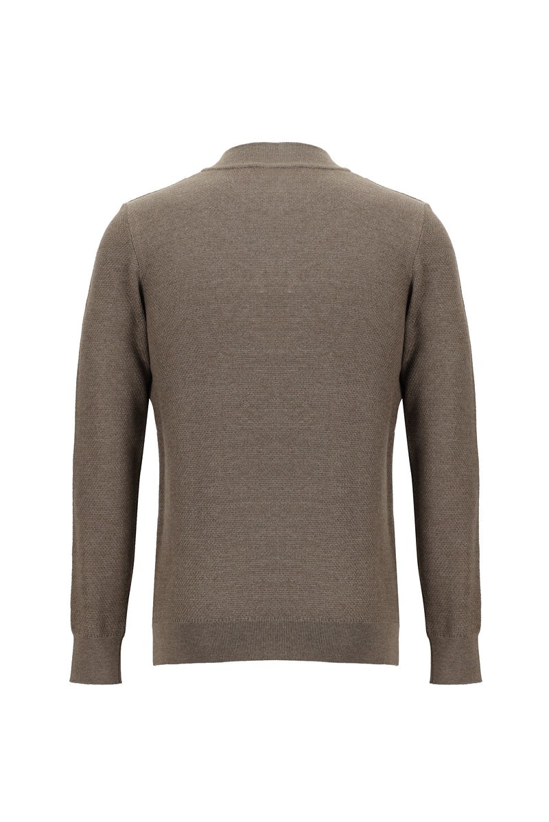 Açık Kahve Melanj Yarım Balıkçı Yaka Regular Fit Fermuarlı Pamuklu Triko Kazak