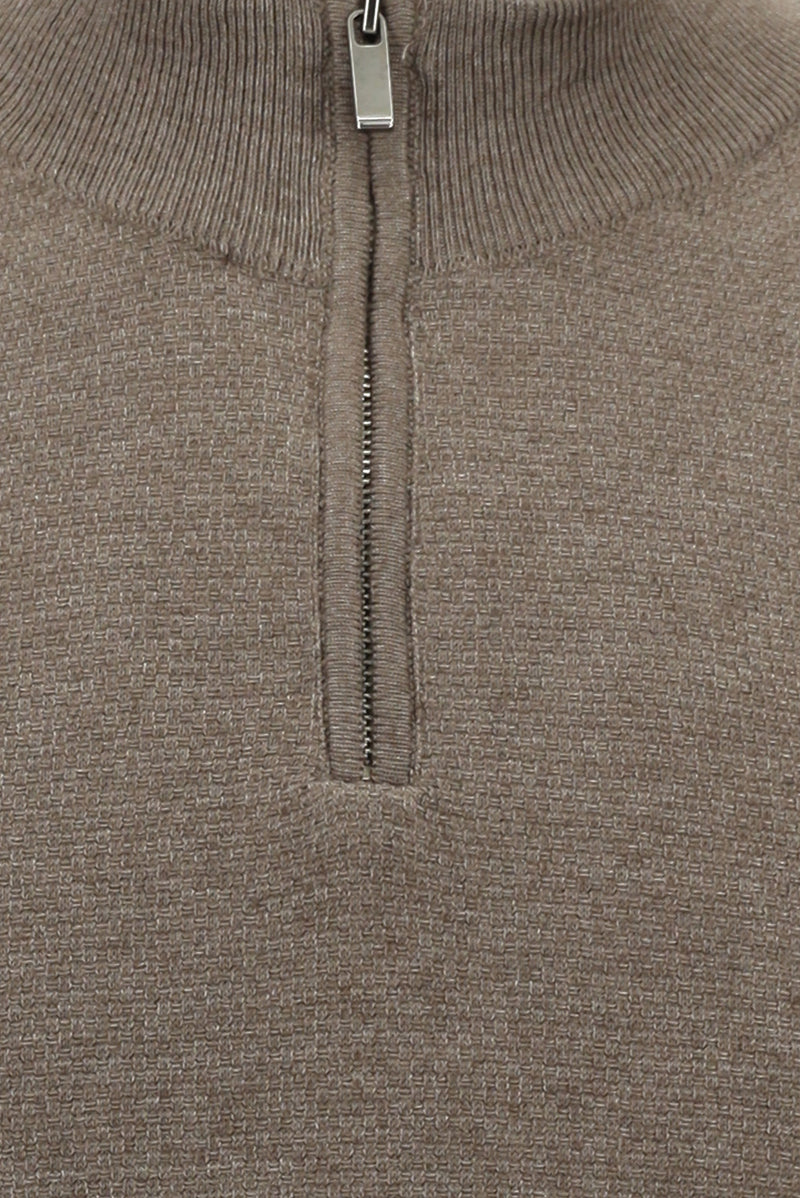 Açık Kahve Melanj Yarım Balıkçı Yaka Regular Fit Fermuarlı Pamuklu Triko Kazak