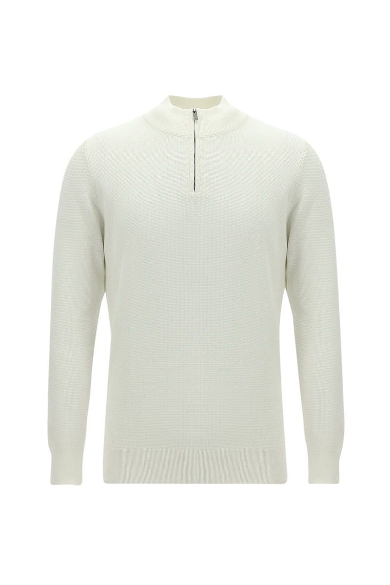 Ekru Yarım Balıkçı Yaka Regular Fit Fermuarlı Pamuklu Triko Kazak