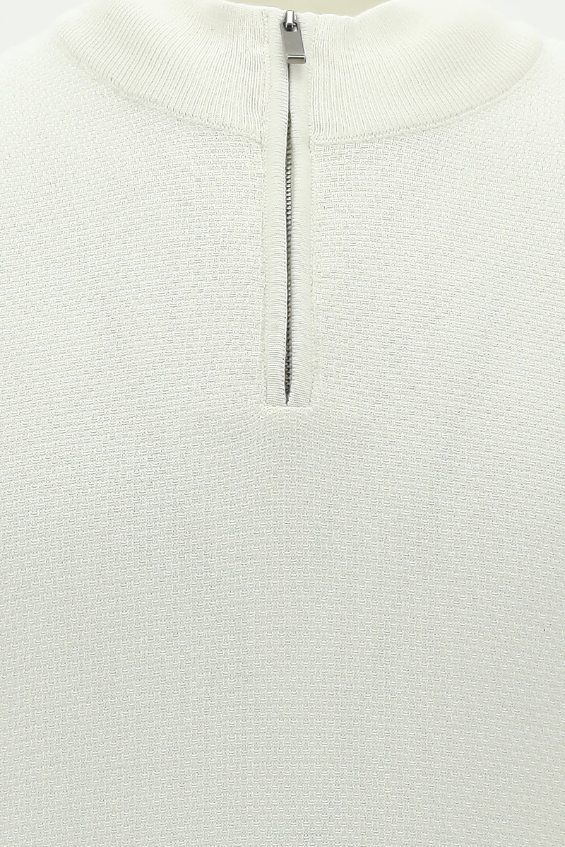 Ekru Yarım Balıkçı Yaka Regular Fit Fermuarlı Pamuklu Triko Kazak
