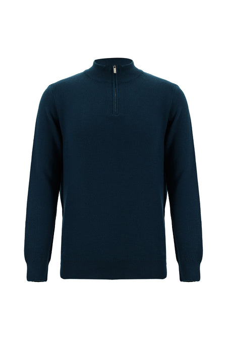 Koyu Petrol Yarım Balıkçı Yaka Regular Fit Fermuarlı Pamuklu Triko Kazak