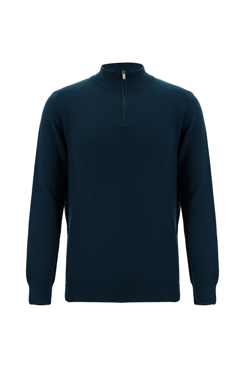 Koyu Petrol Yarım Balıkçı Yaka Regular Fit Fermuarlı Pamuklu Triko Kazak