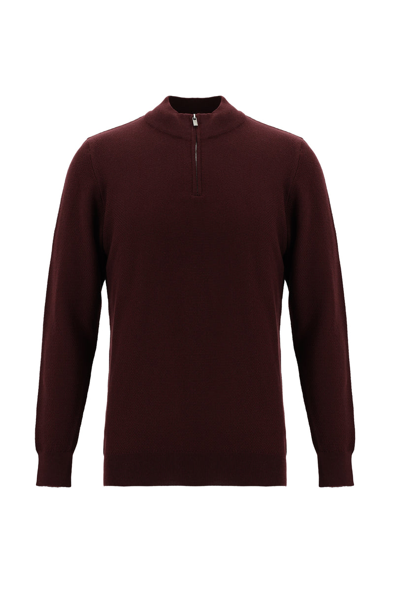 Koyu Bordo Yarım Balıkçı Yaka Regular Fit Fermuarlı Pamuklu Triko Kazak